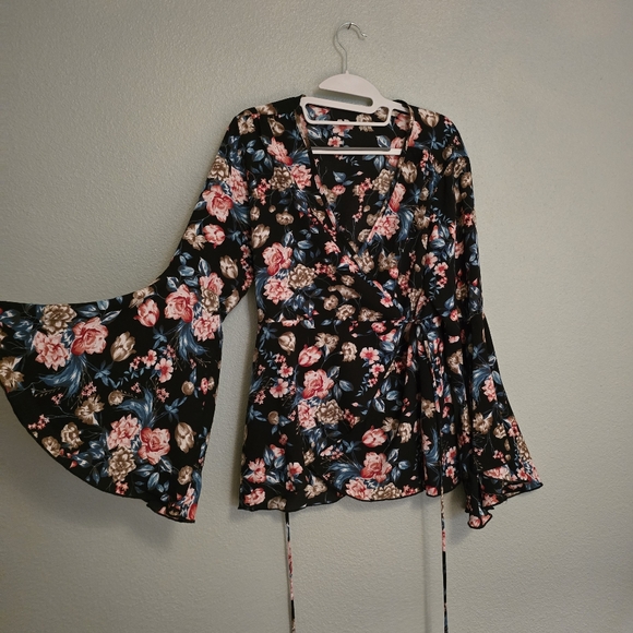 Tops - Boho Floral Wrap Top with Bell Sleeves